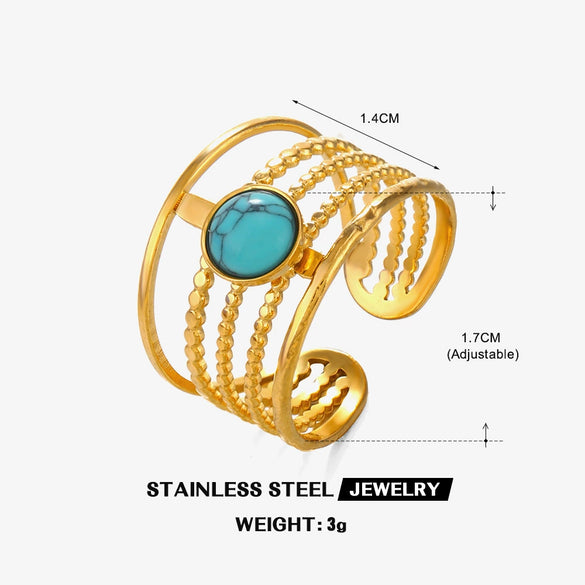 Wholesale Ladies Stainless Steel Geometric Inlaid Natural Stone Open Adjustable Ring With Electroplating