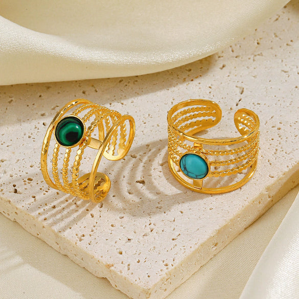 Wholesale Ladies Stainless Steel Geometric Inlaid Natural Stone Open Adjustable Ring With Electroplating