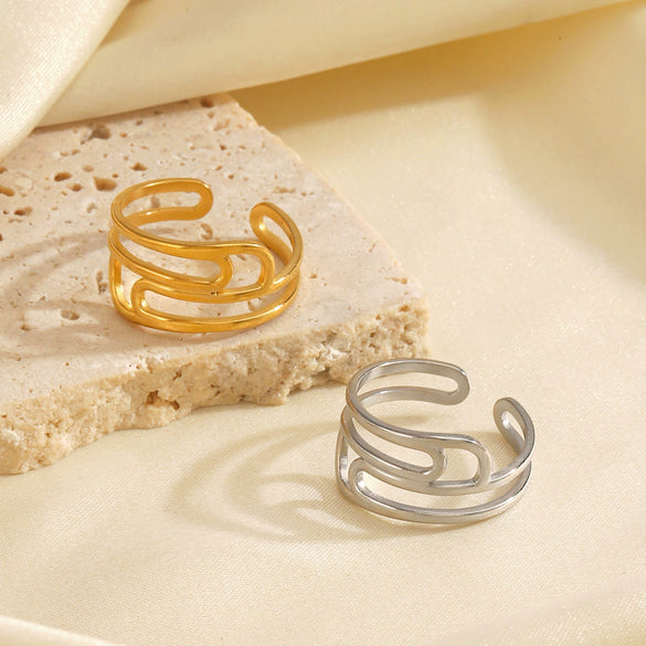 Wholesale Ladies Stainless Steel Geometric Line Electroplated Opening Adjustment Ring