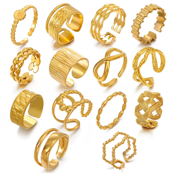 Wholesale Ladies Stainless Steel Geometric Open Wide Face 18K Gold Plated Ring