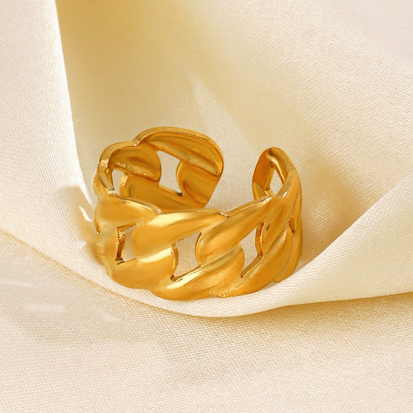 Wholesale Ladies Stainless Steel Geometric Opening Adjustable Ring With Real Gold Plating