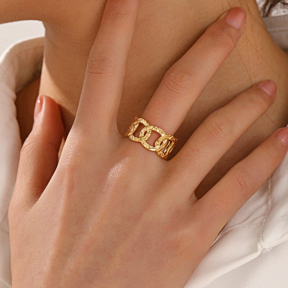 Wholesale Ladies Stainless Steel Geometric Pattern Goldplated Opening Adjustable Hiphop Ring