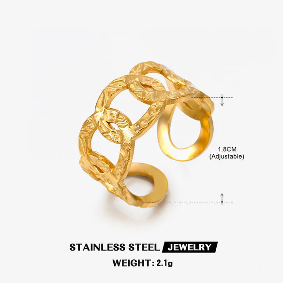 Wholesale Ladies Stainless Steel Geometric Pattern Goldplated Opening Adjustable Hiphop Ring