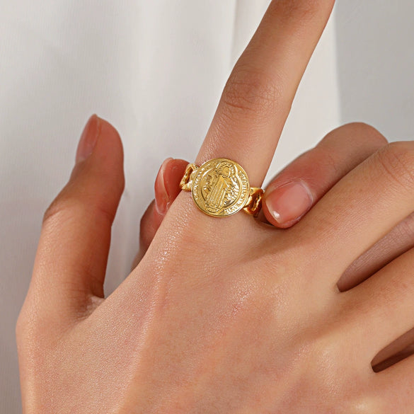 Wholesale Ladies Stainless Steel Geometric Retro Popular Open Ring With Real Gold Plating