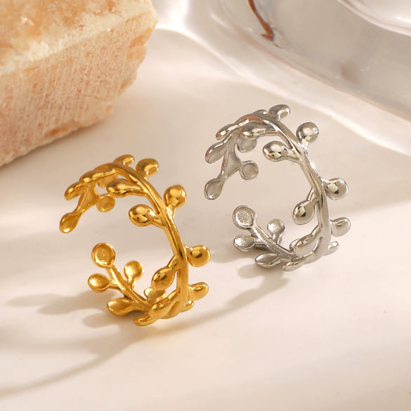 Wholesale Ladies Stainless Steel Gold Plated Geometric Leaf Opening Ring