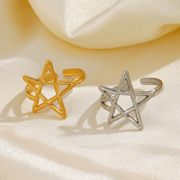 Wholesale Ladies Stainless Steel Goldplated Fivepointed Star Hollow Open Adjustable Ring