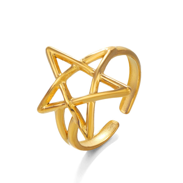 Wholesale Ladies Stainless Steel Goldplated Fivepointed Star Hollow Open Adjustable Ring