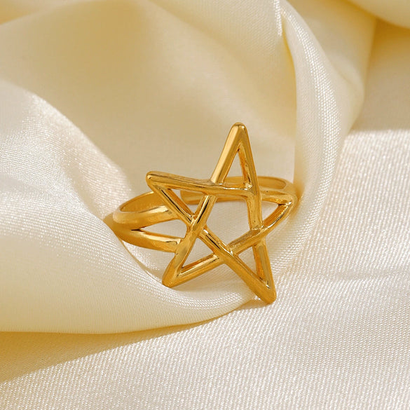 Wholesale Ladies Stainless Steel Goldplated Fivepointed Star Hollow Open Adjustable Ring