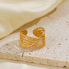 Wholesale Ladies' Stainless Steel Goldplated Geometric Open Ring With Line Cross Design And Electroplating Treatment