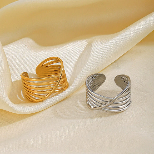 Wholesale Ladies' Stainless Steel Goldplated Geometric Open Ring With Line Cross Design And Electroplating Treatment
