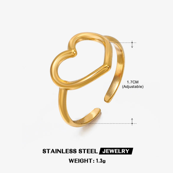 Wholesale Ladies Stainless Steel Heart Shaped Hollow Love Ring With Gold Plated Electroplating And Opening Adjustable Design