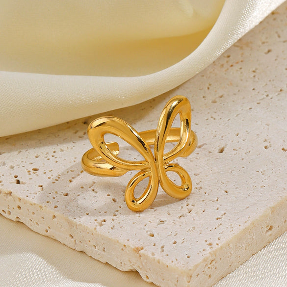 Wholesale Ladies Stainless Steel 18K Gold Plated Animal Butterfly Ring With Exaggerated Open Design
