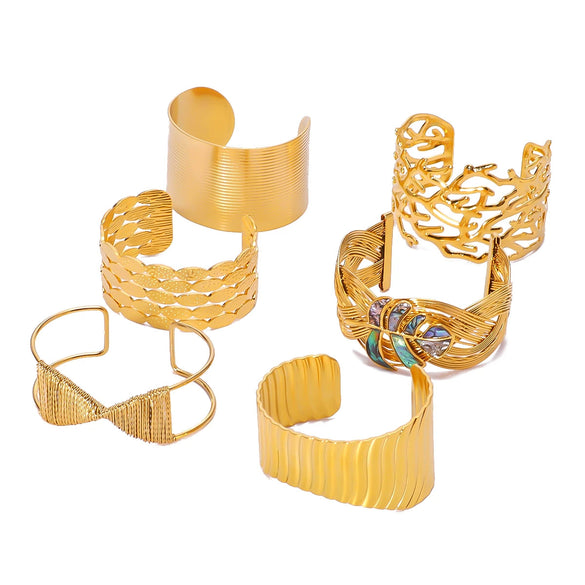 Wholesale Ladies Stainless Steel 18K Gold Plated Exaggerated Opening Bracelet With Leaves Design 18K Furnace Vacuum Plating