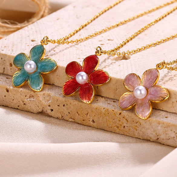 Wholesale Ladies Stainless Steel Oil Drop Flower Pendant Necklace With Electroplating