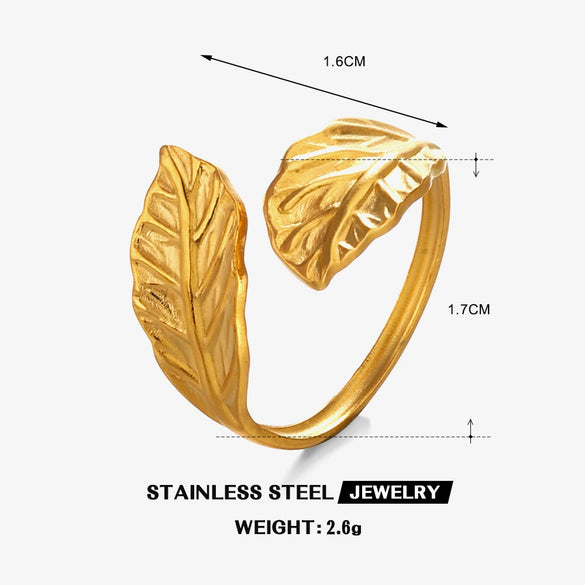 Wholesale Ladies Stainless Steel Open Leaf Ring With Electroplating And Simple Design
