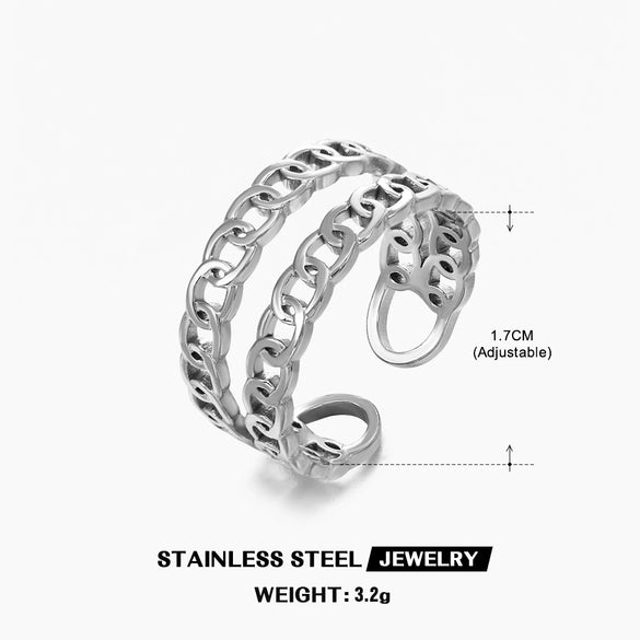 Wholesale Ladies Stainless Steel Ring With Geometric Pattern And Double Chain Opening Adjustable Real Gold Plating