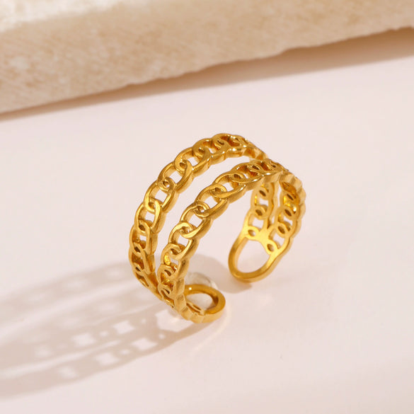 Wholesale Ladies Stainless Steel Ring With Geometric Pattern And Double Chain Opening Adjustable Real Gold Plating