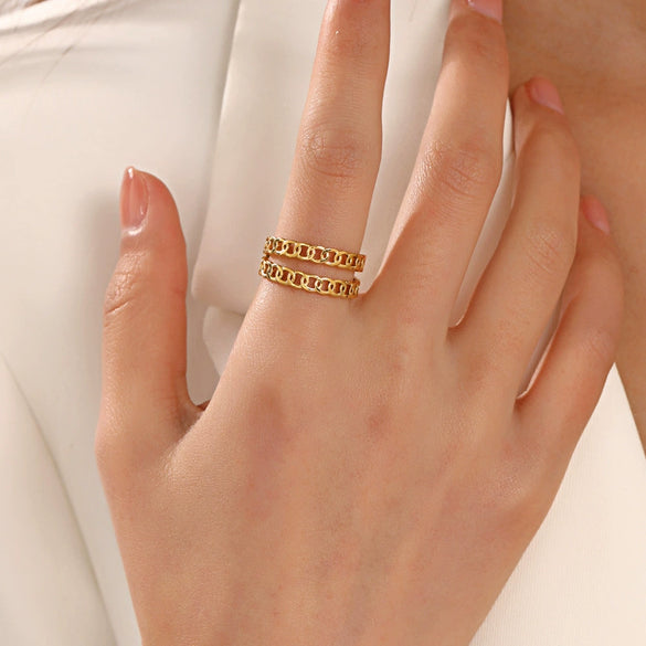 Wholesale Ladies Stainless Steel Ring With Geometric Pattern And Double Chain Opening Adjustable Real Gold Plating