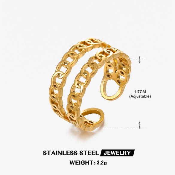 Wholesale Ladies Stainless Steel Ring With Geometric Pattern And Double Chain Opening Adjustable Real Gold Plating