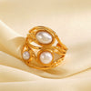 Wholesale Ladies Stainless Steel Ring With Pearl Inlaid Geometric Style 18K Gold Plated Irregular Shape