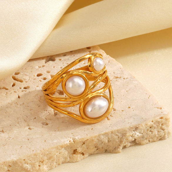 Wholesale Ladies Stainless Steel Ring With Pearl Inlaid Geometric Style 18K Gold Plated Irregular Shape