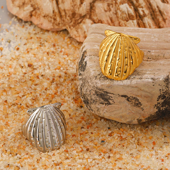 Wholesale Ladies Stainless Steel Shell Marine Elements Shell Ring With Electroplating And Natural Style