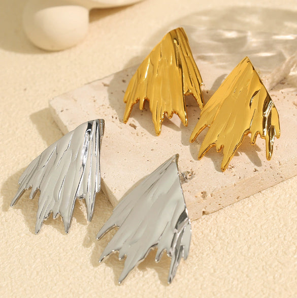 Wholesale Ladies 316L Stainless Steel Exaggerated Wings Pleated Electroplated Earrings