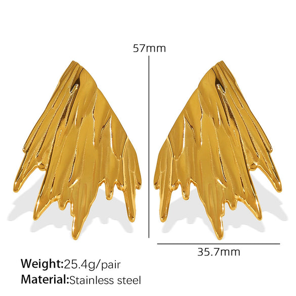 Wholesale Ladies 316L Stainless Steel Exaggerated Wings Pleated Electroplated Earrings