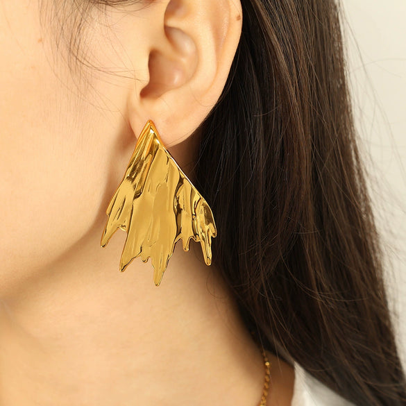 Wholesale Ladies 316L Stainless Steel Exaggerated Wings Pleated Electroplated Earrings