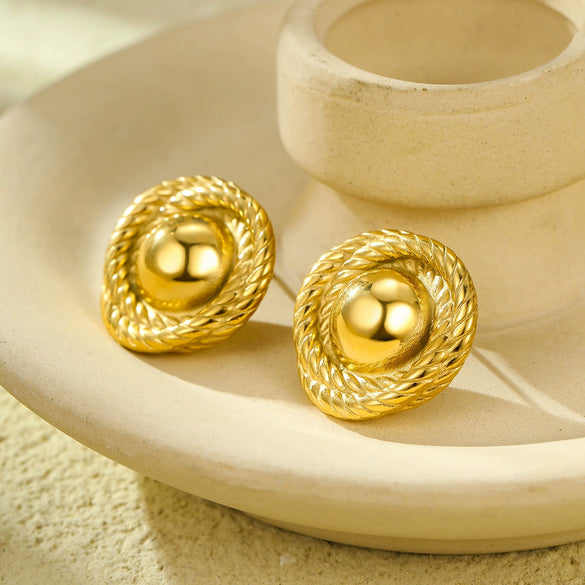 Wholesale Ladies Vintage Stainless Steel And 18K Gold Threaded Texture Round Earrings With Electroplating