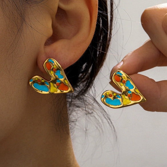 Wholesale Lady Style Sweet Love Stainless Steel Heartshaped Earrings Gold Plated For Women
