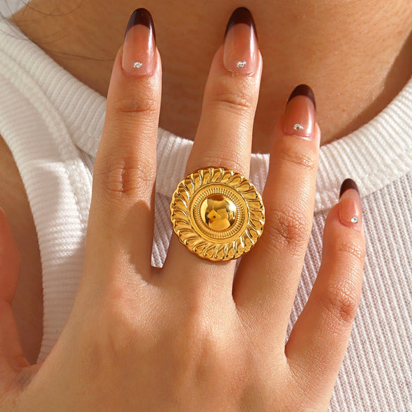 Wholesale Lady's Exaggerated Retro Geometric Round Open Stainless Steel Electroplated Ring Accessories