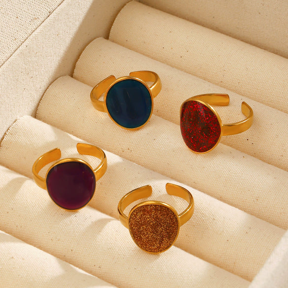 Wholesale Lady's Geometric Oval Oil Drop Open Adjustable Stainless Steel Ring With Electroplating