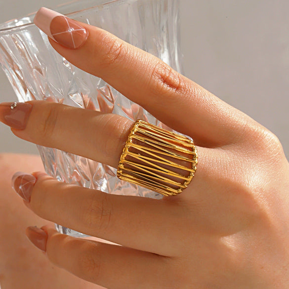 Wholesale Lady's Geometric Stainless Steel Exaggerated Thick Line Hip Hop Opening Adjustable Ring With 18K Gold Plated Electroplating