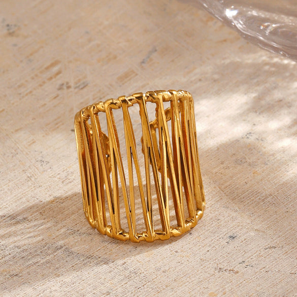 Wholesale Lady's Geometric Stainless Steel Exaggerated Thick Line Hip Hop Opening Adjustable Ring With 18K Gold Plated Electroplating