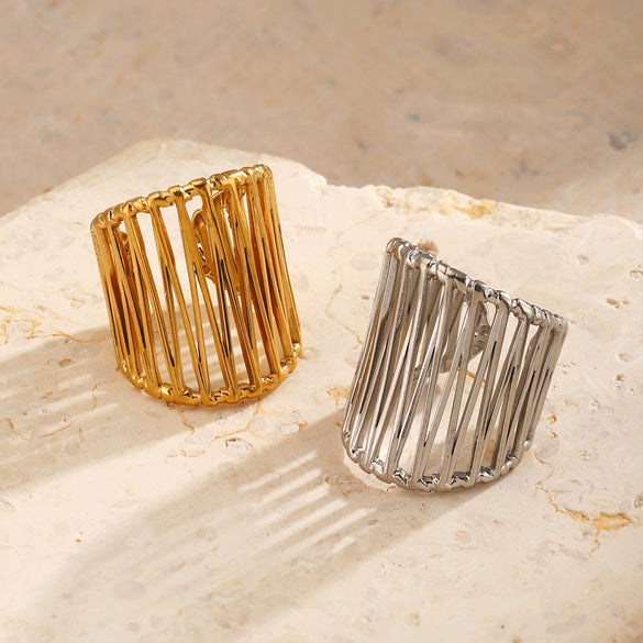 Wholesale Lady's Geometric Stainless Steel Exaggerated Thick Line Hip Hop Opening Adjustable Ring With 18K Gold Plated Electroplating