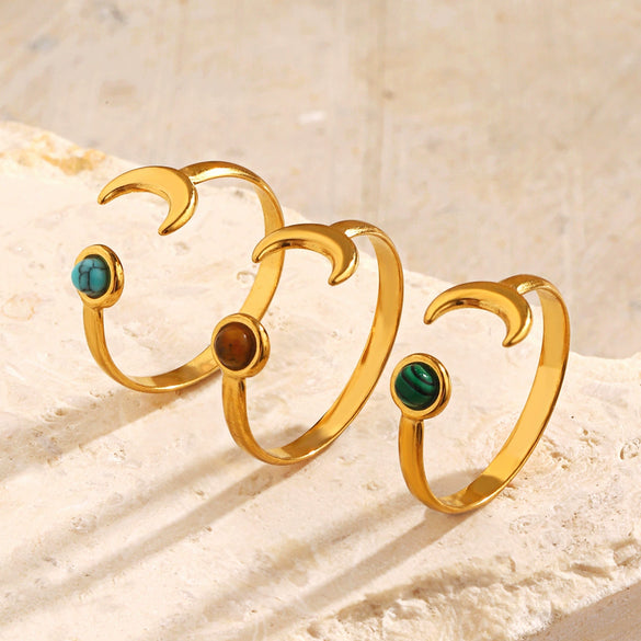 Wholesale Lady's Minimalist Geometric Natural Stone Turquoise Malachite Tiger's Eye Inlaid Stainless Steel Adjustable Ring