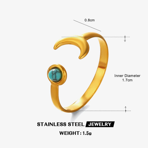 Wholesale Lady's Minimalist Geometric Natural Stone Turquoise Malachite Tiger's Eye Inlaid Stainless Steel Adjustable Ring