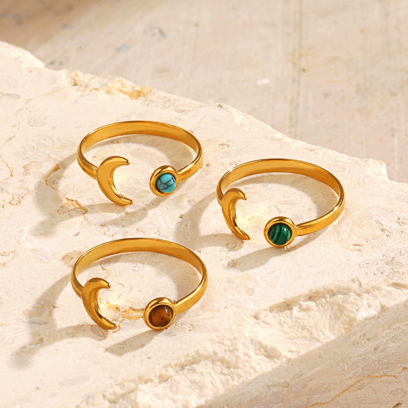 Wholesale Lady's Minimalist Geometric Natural Stone Turquoise Malachite Tiger's Eye Inlaid Stainless Steel Adjustable Ring