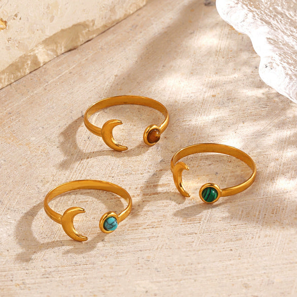 Wholesale Lady's Minimalist Geometric Natural Stone Turquoise Malachite Tiger's Eye Inlaid Stainless Steel Adjustable Ring