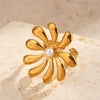 Wholesale Lady's Simple Style Flower Ring Stainless Steel Pearl Electroplated Retro Inlaid