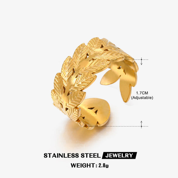 Wholesale Leaf Ring Stainless Steel Ins Style 18K Goldplated Electroplating For Women