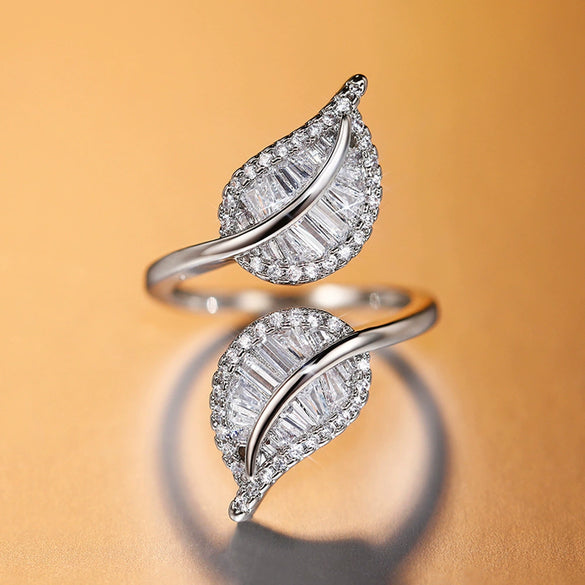 Wholesale Leafshaped Open Ring Copper With Zirconia And Flower Design For Women