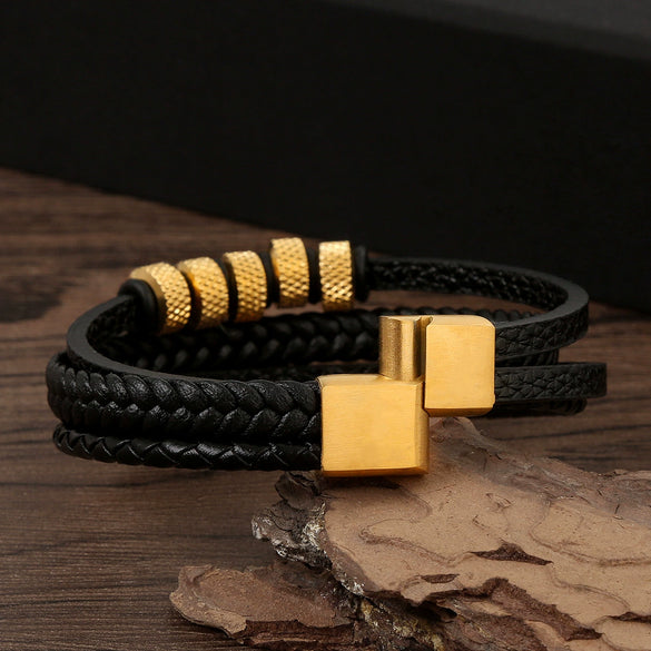 Wholesale Leather And Stainless Steel Handwoven Electroplated Bracelets For Men