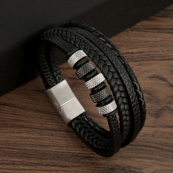 Wholesale Leather And Stainless Steel Handwoven Electroplated Bracelets For Men