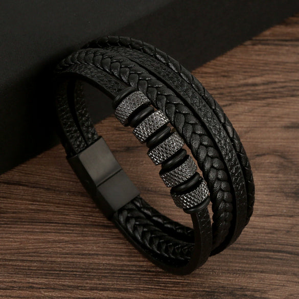 Wholesale Leather And Stainless Steel Handwoven Electroplated Bracelets For Men