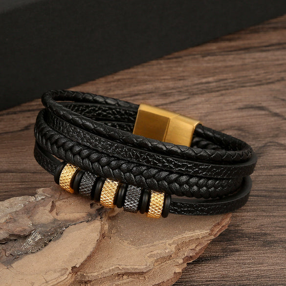 Wholesale Leather And Stainless Steel Handwoven Electroplated Bracelets For Men
