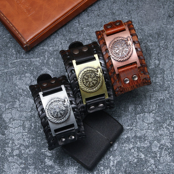 Wholesale Leather Bracelet Retro Style With Chinese Dragon And Compass Pirate Pattern For Men