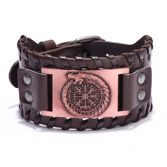 Wholesale Leather Bracelet Retro Style With Chinese Dragon And Compass Pirate Pattern For Men