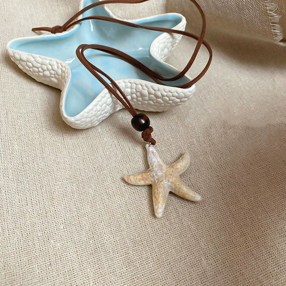 Wholesale Leather Starfish Wooden Bead Animal Zodiac Pendant Handmade Necklace For Women